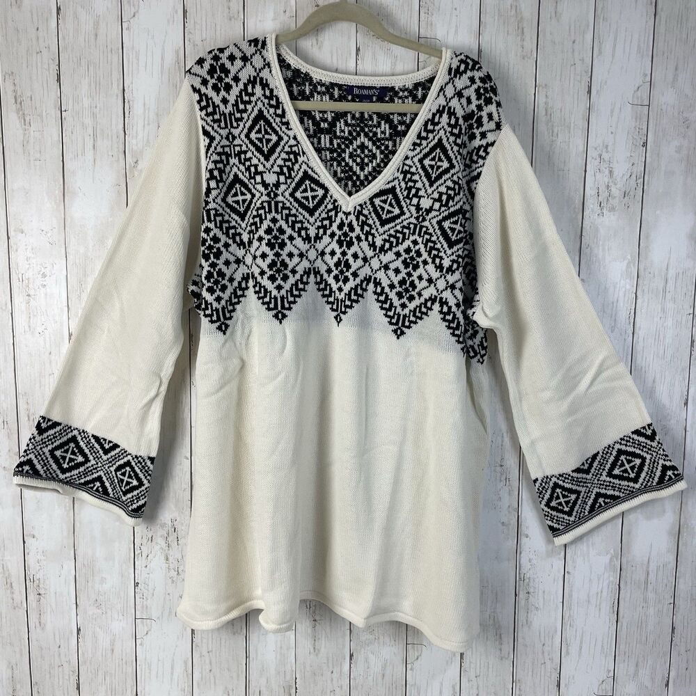 Roaman's Black White Geometric Nordic Style Flare Sleeve Sweater Sz 2X - NEW